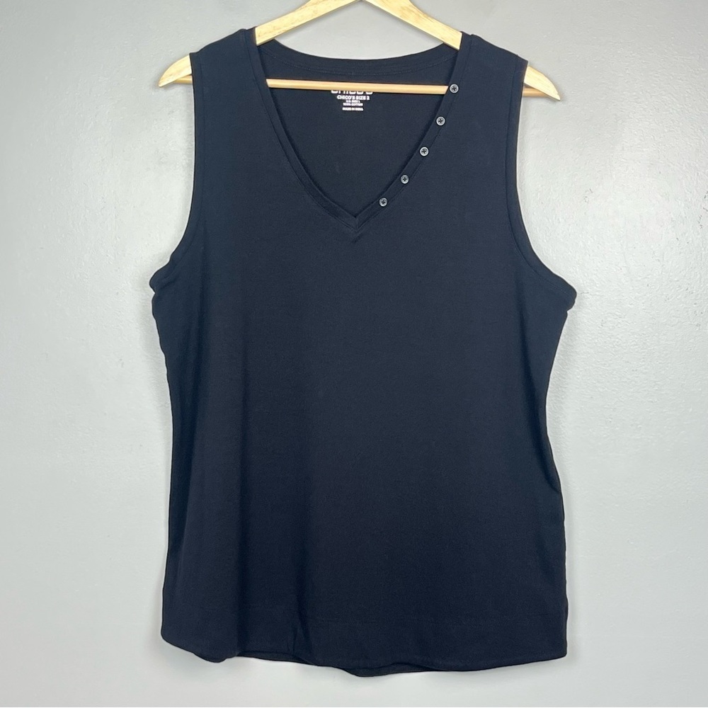 Chicos black 100% cotton sleeveless v-neck button detail top, large.